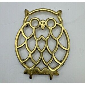 Vintage Brass OWL TRIVET Large Hot Plate Kitchen Footed Made In Taiwan MCM 6.25”